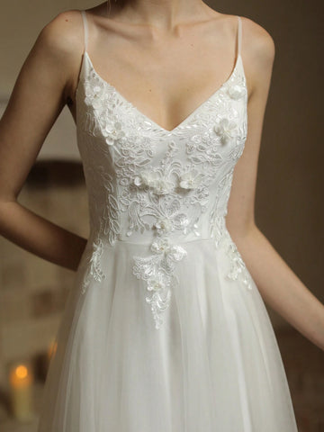 Contrast Lace Mesh Overlay Zipper Back Cami Wedding Dress