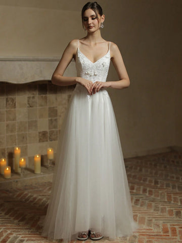 Contrast Lace Mesh Overlay Zipper Back Cami Wedding Dress