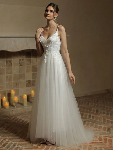 Contrast Lace Mesh Overlay Zipper Back Cami Wedding Dress