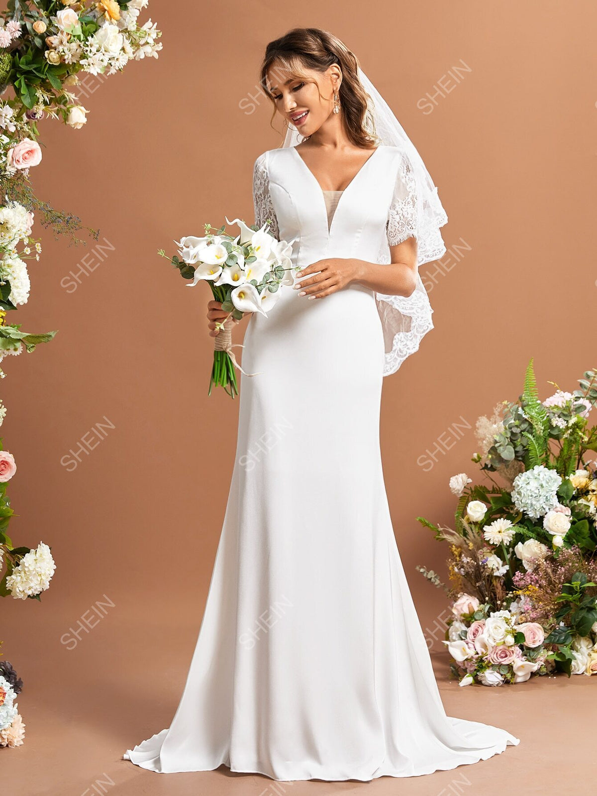 Contrast Lace Mesh Panel Wedding Dress Without Veil