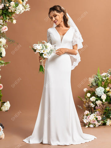 Contrast Lace Mesh Panel Wedding Dress Without Veil