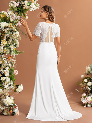 Contrast Lace Mesh Panel Wedding Dress Without Veil