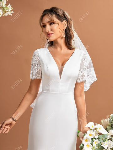 Contrast Lace Mesh Panel Wedding Dress Without Veil