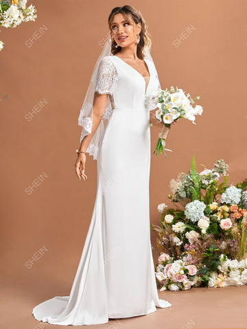 Contrast Lace Mesh Panel Wedding Dress Without Veil
