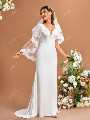 Contrast Lace Mesh Panel Wedding Dress Without Veil