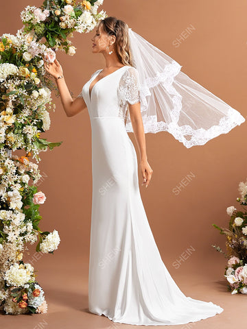 Contrast Lace Mesh Panel Wedding Dress Without Veil