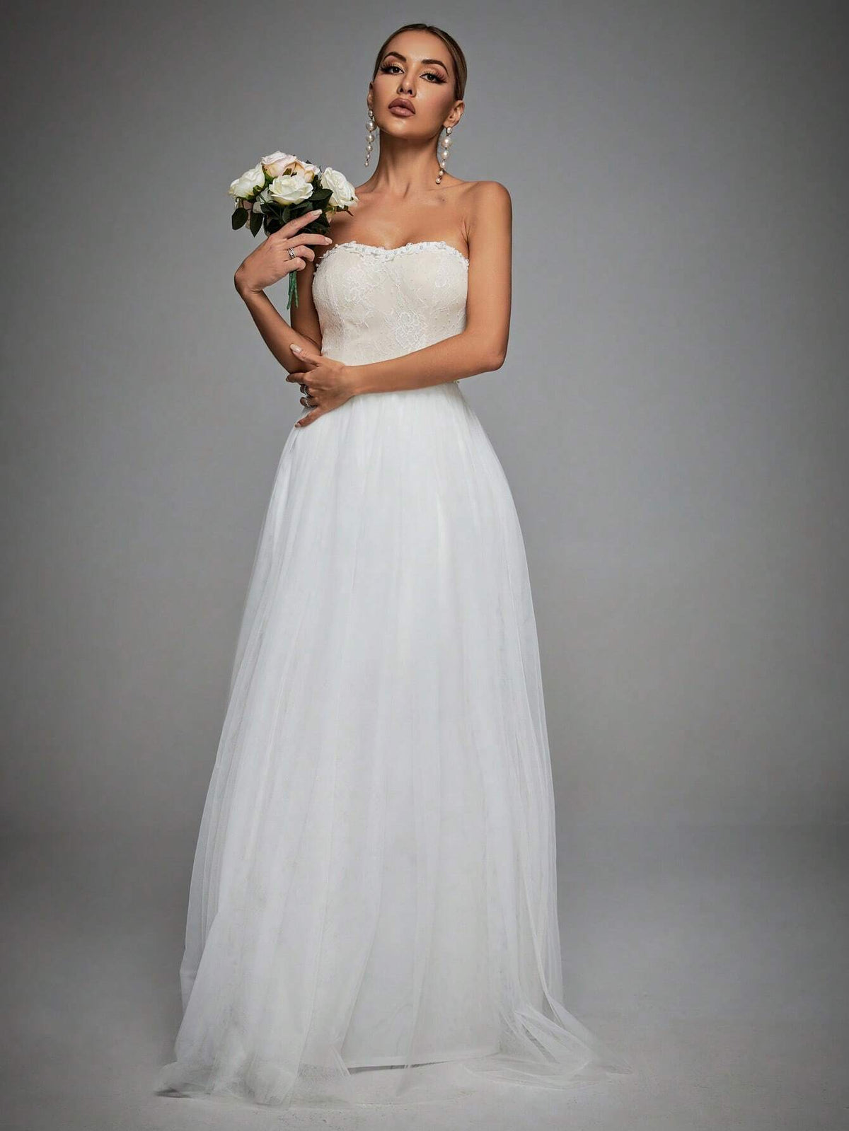 Contrast Lace Mesh Tube Wedding Dress