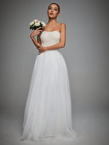 Contrast Lace Mesh Tube Wedding Dress