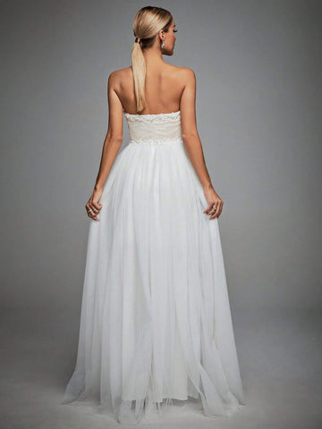 Contrast Lace Mesh Tube Wedding Dress