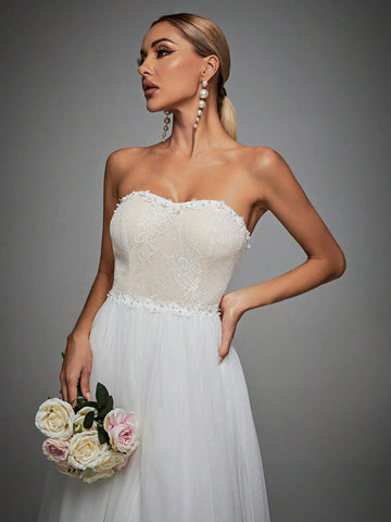 Contrast Lace Mesh Tube Wedding Dress