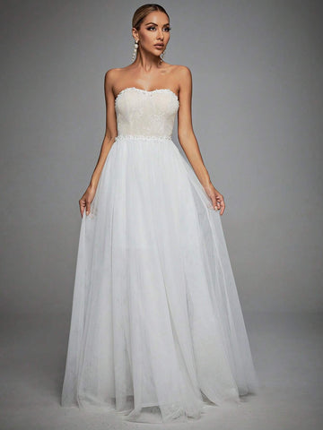 Contrast Lace Mesh Tube Wedding Dress