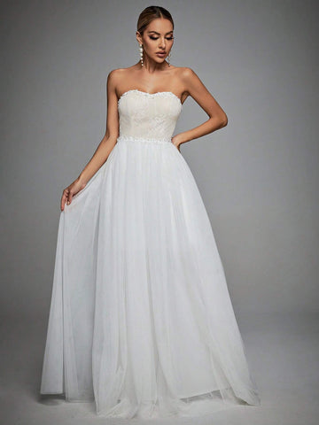 Contrast Lace Mesh Tube Wedding Dress