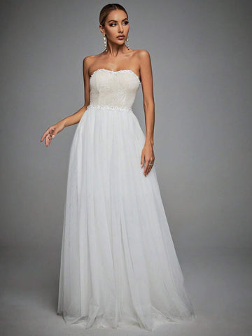 Contrast Lace Mesh Tube Wedding Dress
