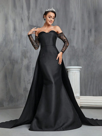 Contrast Lace Off Shoulder Floor Length Wedding Dress