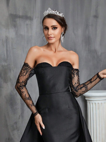 Contrast Lace Off Shoulder Floor Length Wedding Dress