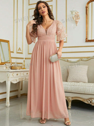 Contrast Lace Ruched Chiffon Bridesmaid Dress
