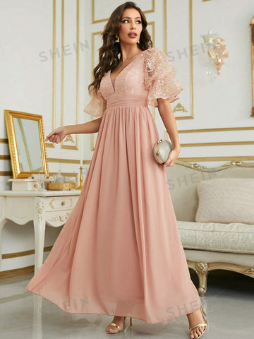 Contrast Lace Ruched Chiffon Bridesmaid Dress