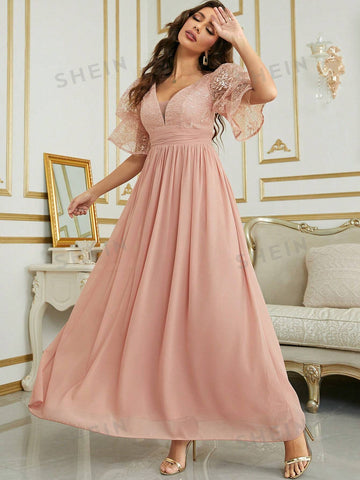 Contrast Lace Ruched Chiffon Bridesmaid Dress