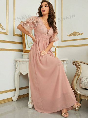 Contrast Lace Ruched Chiffon Bridesmaid Dress