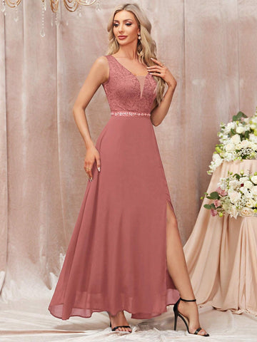 Contrast Lace Sequin Insert Waist Split Thigh Evening Party Long Dress