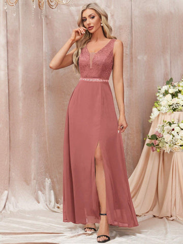 Contrast Lace Sequin Insert Waist Split Thigh Evening Party Long Dress