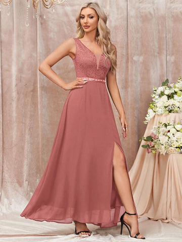 Contrast Lace Sequin Insert Waist Split Thigh Evening Party Long Dress