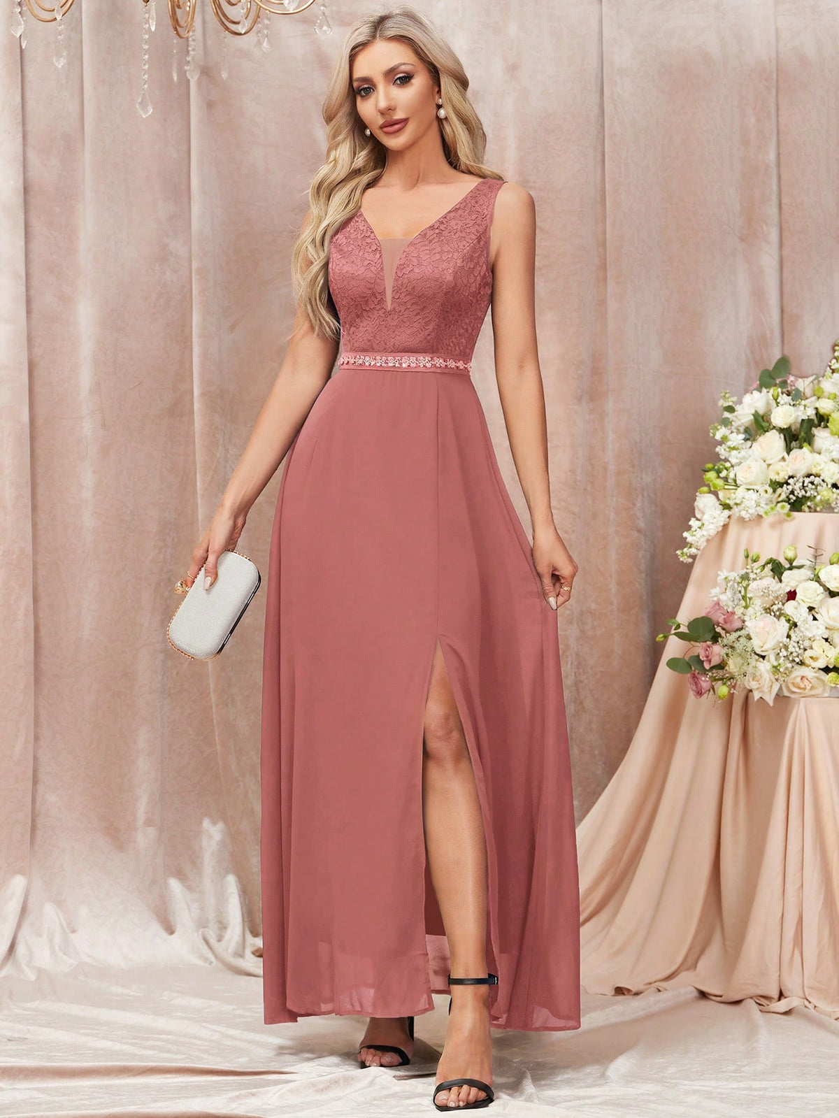 Contrast Lace Sequin Insert Waist Split Thigh Evening Party Long Dress