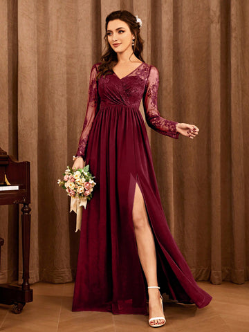 Contrast Lace Split Thigh Bridesmaid Dress