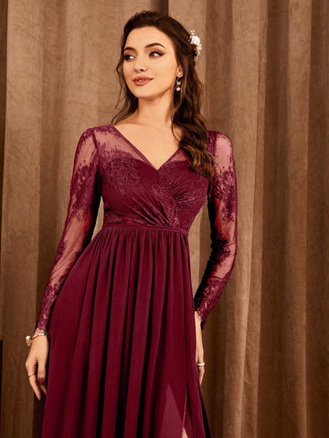 Contrast Lace Split Thigh Bridesmaid Dress