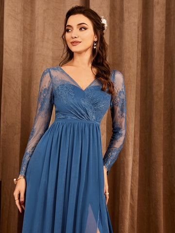 Contrast Lace Split Thigh Chiffon Bridesmaid Dress