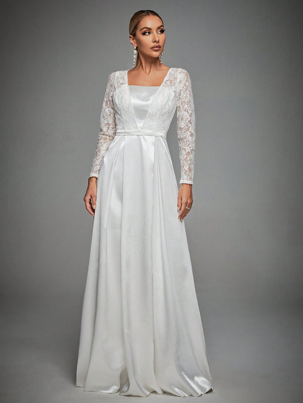 Contrast Lace Square Neck Maxi Satin Wedding Dress