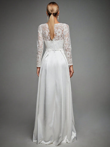 Contrast Lace Square Neck Maxi Satin Wedding Dress