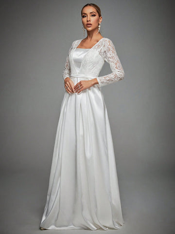 Contrast Lace Square Neck Maxi Satin Wedding Dress