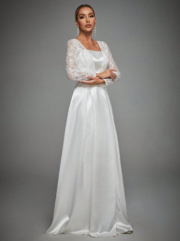 Contrast Lace Square Neck Maxi Satin Wedding Dress