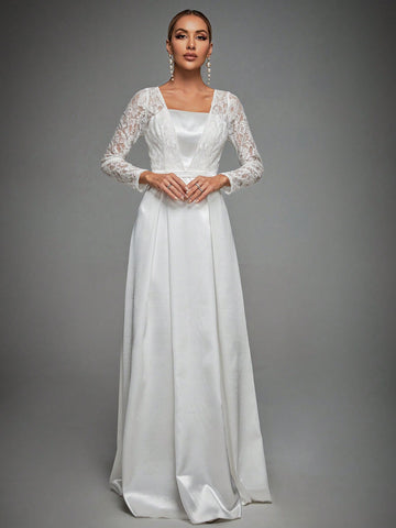 Contrast Lace Square Neck Maxi Satin Wedding Dress
