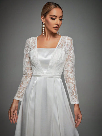 Contrast Lace Square Neck Maxi Satin Wedding Dress