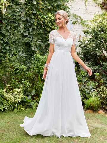 Contrast Lace Tie Back V-neck Chiffon Wedding Dress Without Veil