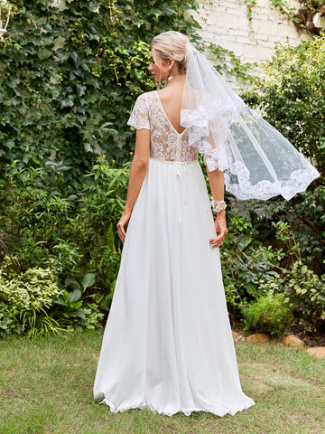 Contrast Lace Tie Back V-neck Chiffon Wedding Dress Without Veil