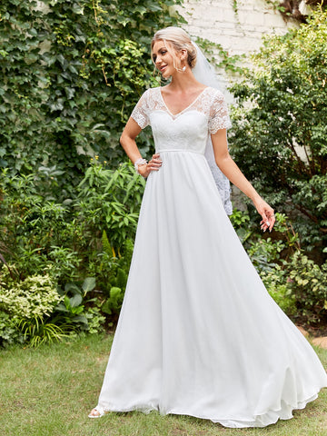 Contrast Lace Tie Back V-neck Chiffon Wedding Dress Without Veil