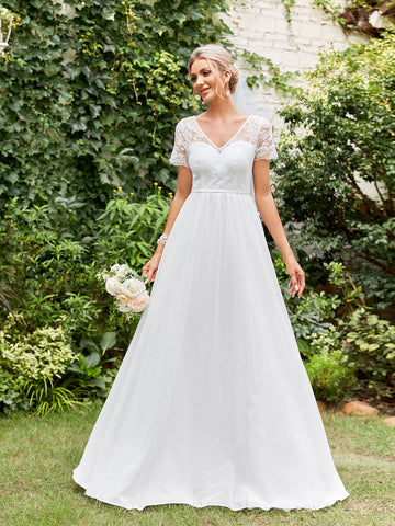 Contrast Lace Tie Back V-neck Chiffon Wedding Dress Without Veil