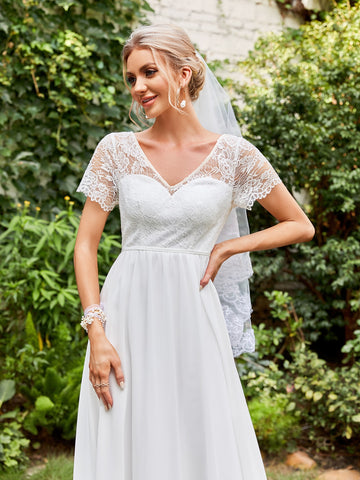 Contrast Lace Tie Back V-neck Chiffon Wedding Dress Without Veil
