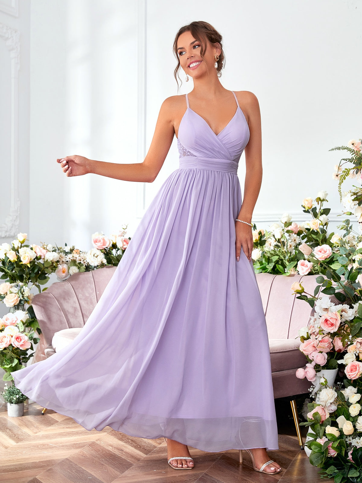 Contrast Lace Twist Backless Chiffon Bridesmaid Dress