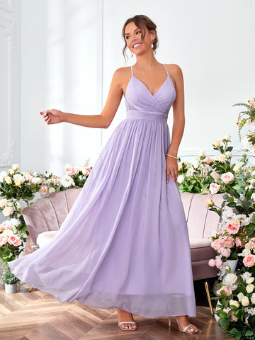 Contrast Lace Twist Backless Chiffon Bridesmaid Dress