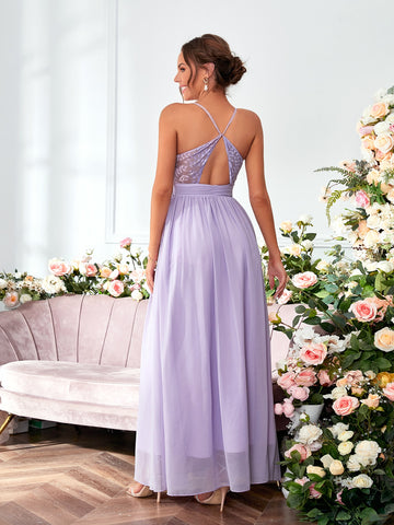 Contrast Lace Twist Backless Chiffon Bridesmaid Dress