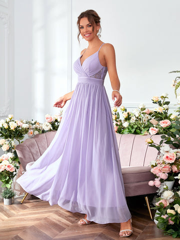 Contrast Lace Twist Backless Chiffon Bridesmaid Dress