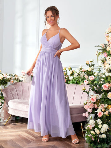 Contrast Lace Twist Backless Chiffon Bridesmaid Dress