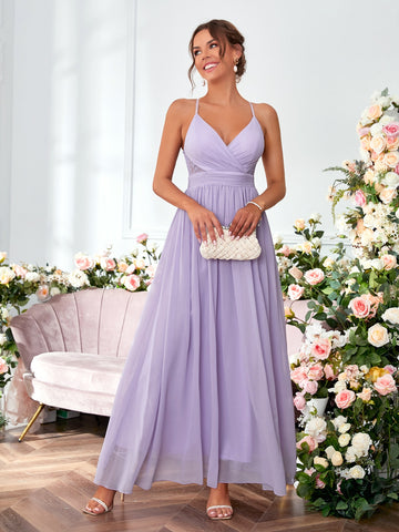 Contrast Lace Twist Backless Chiffon Bridesmaid Dress