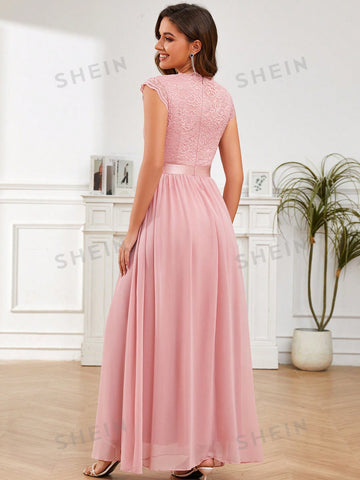 Contrast Lace V Neck Pleated Detail Chiffon Formal Bridesmaid Dress