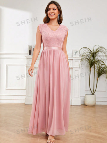 Contrast Lace V Neck Pleated Detail Chiffon Formal Bridesmaid Dress