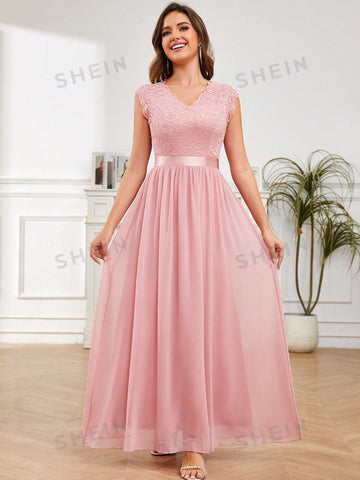 Contrast Lace V Neck Pleated Detail Chiffon Formal Bridesmaid Dress